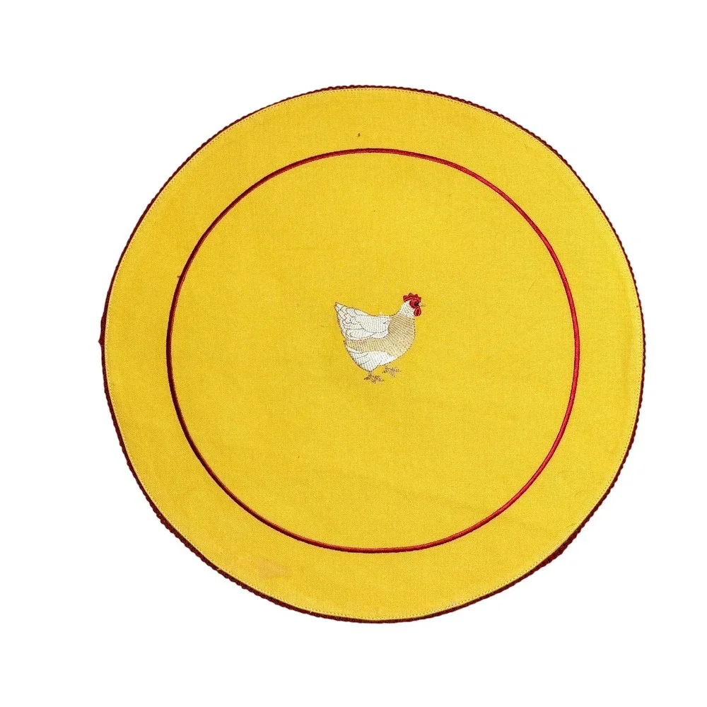 Pomegranate Inc Yellow Embroidered Chicken Round Placemats Set 2 Red Trim 15.5